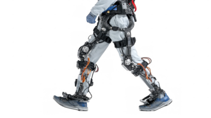 Close up of a technician wearing an exoskeleton suit, showcasing the mechanics and design of the advanced technology while taking a step on a transparent background