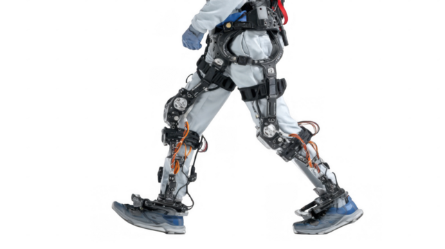 Close up of a technician wearing an exoskeleton suit, showcasing the mechanics and design of the advanced technology while taking a step on a transparent background