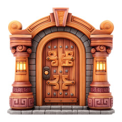 Ornate Wooden Doorway with Stone Pillars and Lanterns