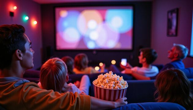 Family enjoying movie night in cozy home theater