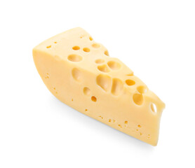 Piece of tasty Swiss cheese on white background
