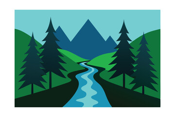 Fototapeta premium Pine Forest Valley Stream Vector Illustration
