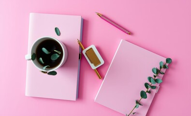 A top-down vertical shot of a vibrant workspace bathed in soft pink light Pink planners and a girlish gold pen rest on a white binder clip while a steaming mug of coffee and a eucalyptus sprig add 