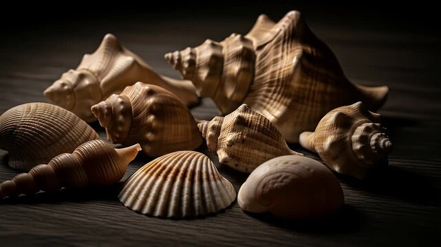 Arrangement of Assorted Seashells on Dark Wooden Surface Still Life
