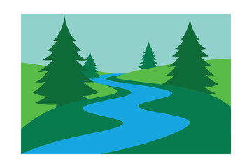 Fototapeta premium Peaceful Riverbend with Green Pine Banks Vector 
