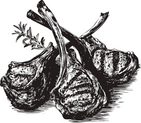 Black and white sketch of rosemary lamb chops with grill marks on wooden surface. Vector illustration