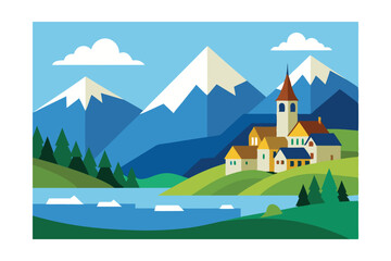 Panoramic Alpine Village Illustration by Lake