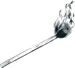 Burning wooden matchstick with flame sketch. Vector illustration
