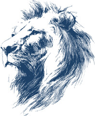 Obraz premium Illustration of a blue lion head with detailed fur and majestic expression. Vector illustration