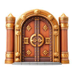 Ornate Wooden Double Doors With Golden Accents And Decorative Columns