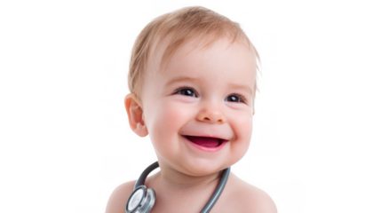 Adorable baby with stethoscope around neck smiling broadly, isolated on transparent background, conveying concepts of healthcare, childhood, and future aspirations in medicine