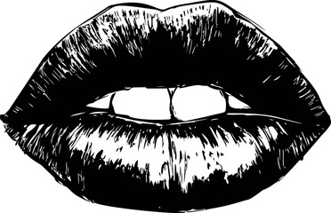 Close-up of black and white graphic lips biting teeth. Vector sketch illustration
