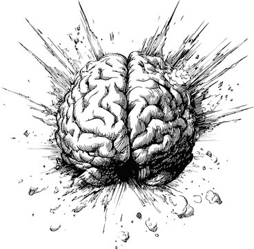 Exploding brain with sketch details and dynamic lines in black and white. Vector illustration