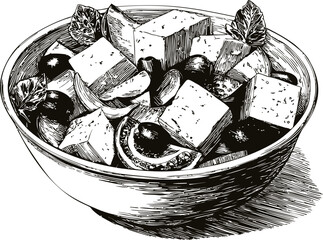 Hand-drawn greek salad with vegetables and feta cheese in a bowl in sketch style. Vector illustration