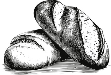 Detailed black and white sketch of two rustic loaves of bread, hand-drawn. Vector illustration