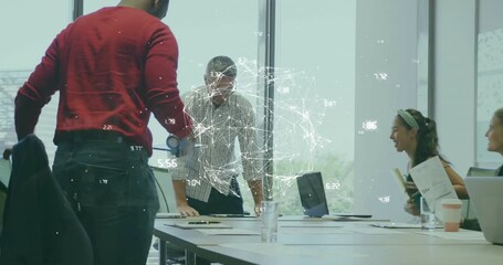 Team exchanging ideas as network sphere pulsing man organizing papers for digital strategy - Powered by Adobe