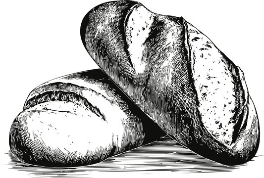 Detailed black and white sketch of two rustic loaves of bread, hand-drawn. Vector illustration