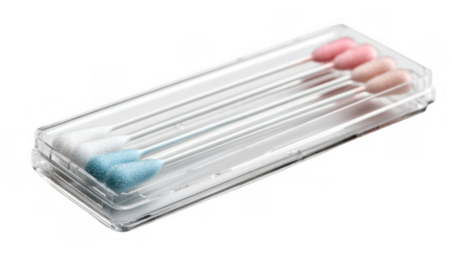 Sterile cotton swabs arranged in a transparent plastic container, ready for dna collection, highlighting their use in genetic testing and forensic science with transparent background