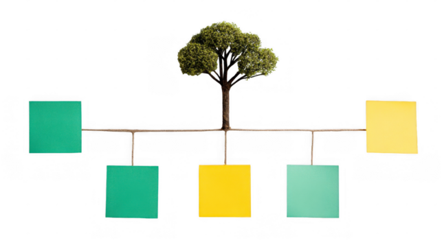 Miniature tree balancing colorful sticky notes on its branches against a transparent background, representing concepts such as balance, organization, and decision making