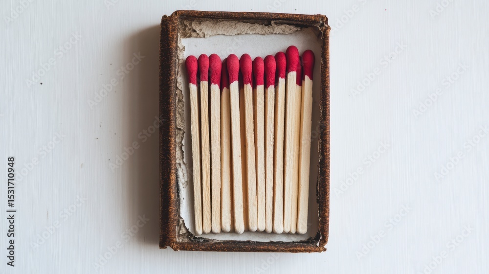 Poster a worn matchbox containing neatly arranged matches with red tips on a white background.