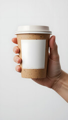 A hand holding a paper coffee cup mockup with a blank white label.