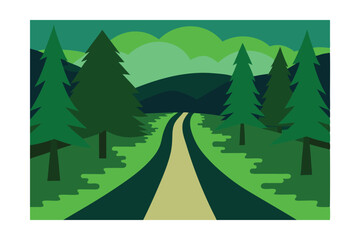 Obraz premium Gravel Road Into Deep Green Forest Vector
