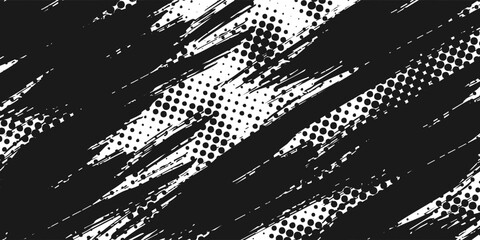 Grunge halftone gradient background. Faded grit noise texture. White and black sand wallpaper. Retro pixelated backdrop. Anime or manga style comic overlay. Vector graphic design textured template
