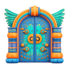 Vibrant Ornate Gateway with Winged Design in Blue and Orange Hues