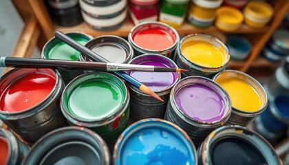 Overhead shot of multiple round paint containers with brushes resting across them
