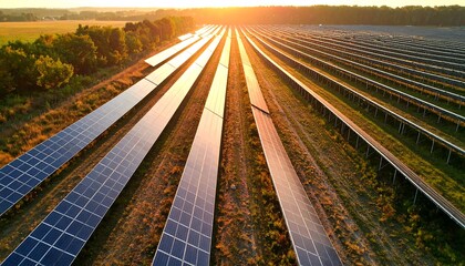 Fototapeta premium Aerial view of solar panel field at golden hour evokes energy, technology, and sustainability.