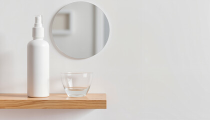 Minimalist skincare products on wooden shelf with mirror