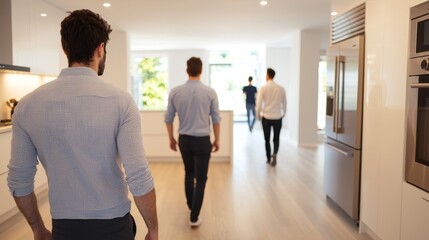 Visitors Exploring and Touring Charming Property for Sale, Open, House, Event, Potential Home Buyers Exploring Stylish Kitchen on Open House Tour