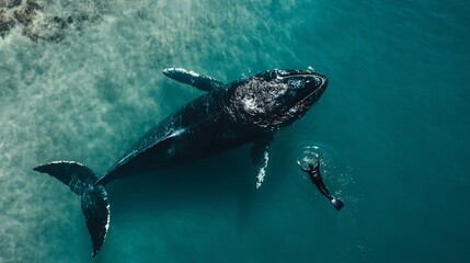 Naklejka premium A breathtaking encounter: Humpback whale and diver in crystal clear waters
