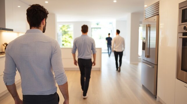 Visitors Exploring and Touring Charming Property for Sale, Open, House, Event, Potential Home Buyers Exploring Stylish Kitchen on Open House Tour