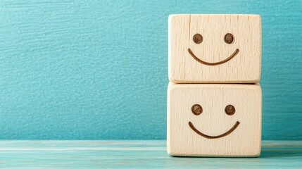 Two light brown wooden blocks with happy faces stacked vertically against a teal background.