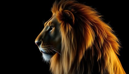 Naklejka premium Majestic lion portrait, side profile, regal pose, golden mane flowing