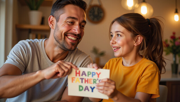 Father and daughter celebrating Father's Day with a greeting card