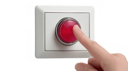 Finger is pushing a large, red emergency button on a white panel, set against a transparent background, ready for easy isolation and use in various projects