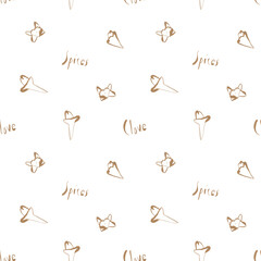 Seamless pattern with hand drawn clove buds in cinnamon brown and yellow tones for kitchen decor and product packaging