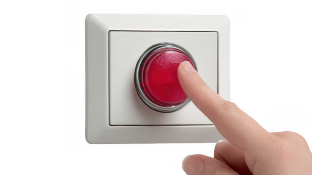 Finger is pushing a large, red emergency button on a white panel, set against a transparent background, ready for easy isolation and use in various projects