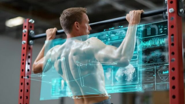 Elevating Strength: A man performs a pull-up exercise on a bar, seamlessly merging with an overlaid holographic display, illustrating the technological advancement in modern fitness.