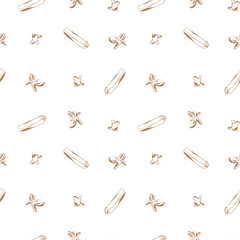 Seamless pattern with cinnamon colored line drawings of spices on clean white background for cooking and packaging