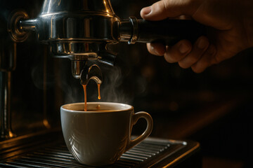 Hot espresso pouring into a cup from a professional machine, capturing the richness, aroma, and ritual of modern coffee culture.

