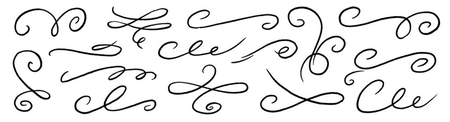Line ornament flourish calligraphy swirl set. Hand drawn pencil and chalk flourish, curve, tail and brush swoosh for wedding design. Elegant doodle divider, font stroke. Vector illustration