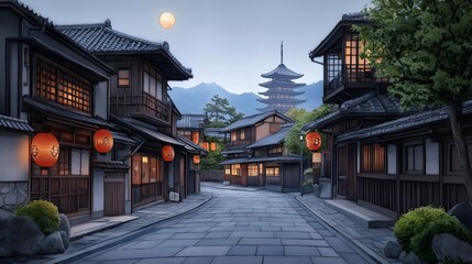 Fototapeta premium Serene Evening in a Traditional Japanese Town Street scene with illuminated lanterns and a pagoda under the moon