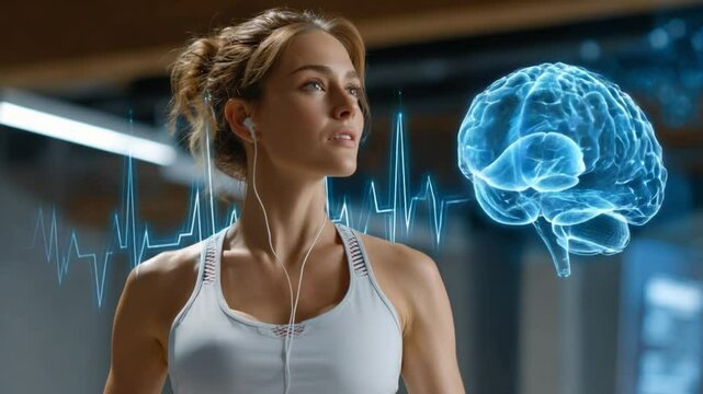 Brain Training in Action: A determined person, focused on fitness, with a visual representation of brain activity intertwined, highlighting the connection between mental and physical well-being.