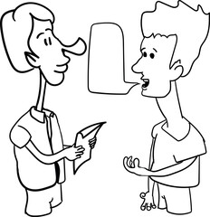 Two cartoon characters or men are standing and having a dialogue.