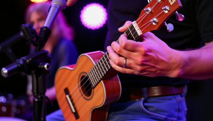 Obraz premium Musician playing ukulele passionately on stage