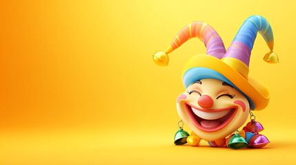 Obraz premium Colorful clown face with a joyful expression on a vibrant yellow background.