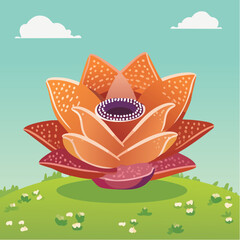 Fototapeta premium A vibrant illustration of a stylized giant flower blossoming on a green hill under a bright blue sky with fluffy white clouds, featuring a unique design.